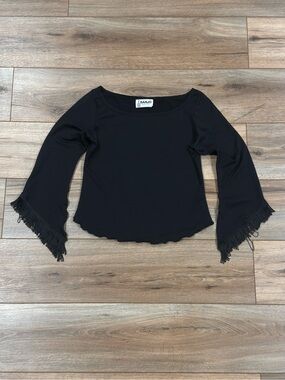 BANJO Vintage Western Boho Black Flare Sleeve Ruffled Fringe Top | Size Small